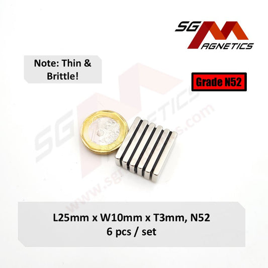 25x10x3mm N52 - Neodymium Block Magnets - 6pcs