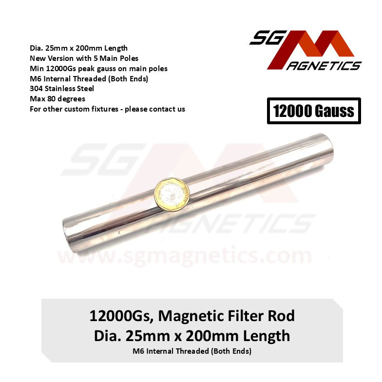 200mm Magnetic Filter Rod 12000GS Gauss - OD25mm 1" x  8" Stainless Steel Magnet