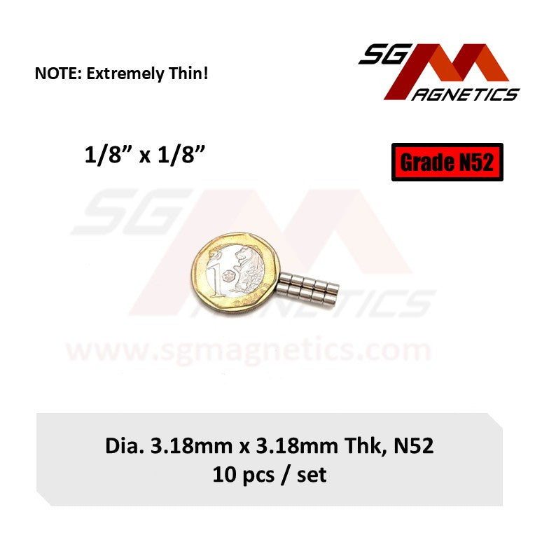 1/8" x 1/8", 3.18x3.18mm N52 - Neodymium Disc Magnets - 10pcs