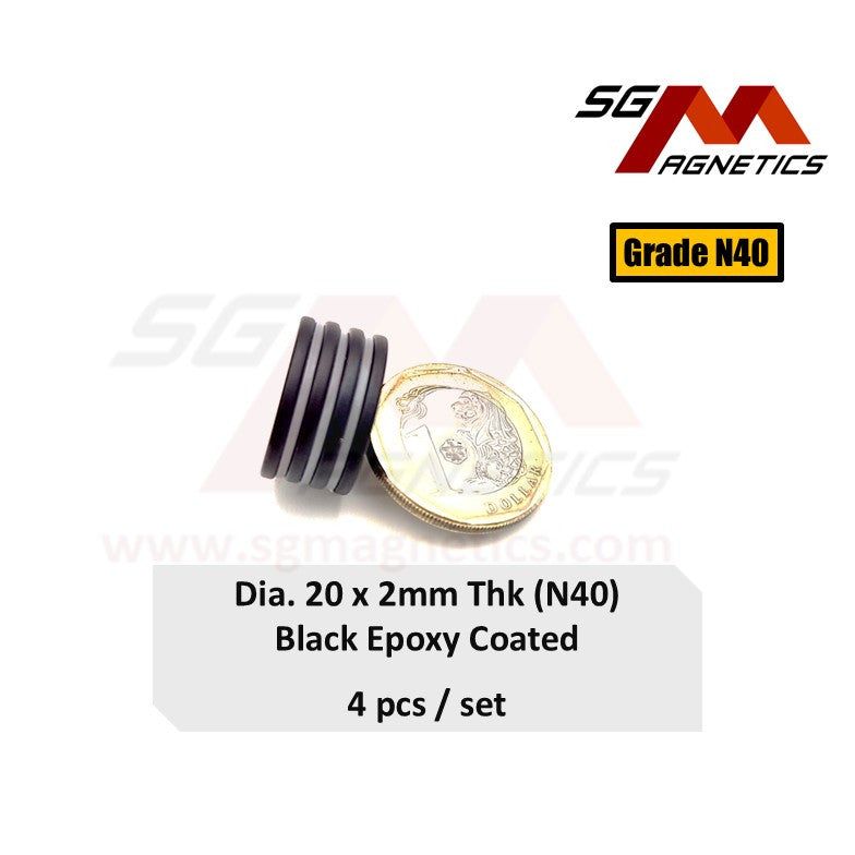 20x2mm N40 - Black Epoxy Neodymium Disc Magnets - 4pcs