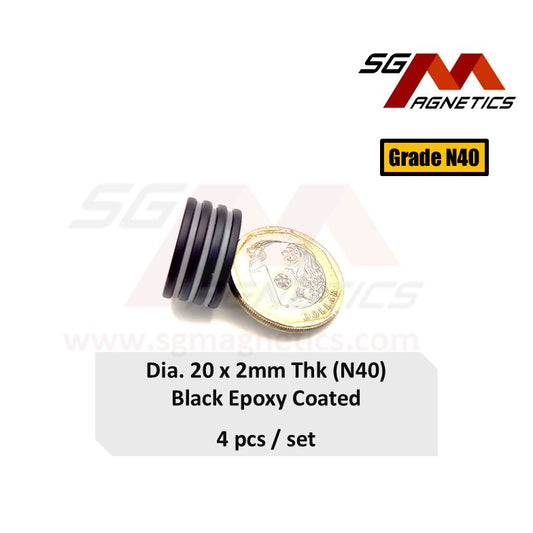 20x2mm N40 - Black Epoxy Neodymium Disc Magnets - 4pcs