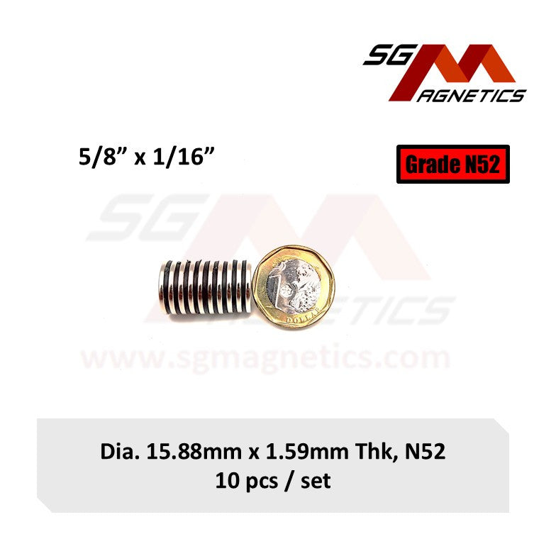 5/8" x 1/16", 15.88x1.59mm N52 - Neodymium Disc Magnets - 10pcs
