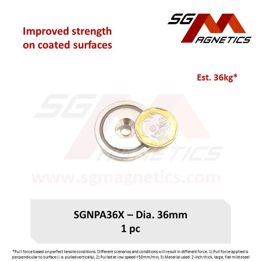 Improved 36mm Countersunk Pot Magnet - SGNPA36X - A: 43kg , X:46kg