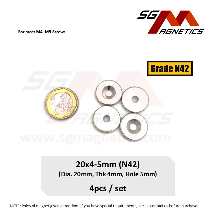 20x4-5mm N42 - Countersunk Hole Neodymium Disc Magnets - 4pcs