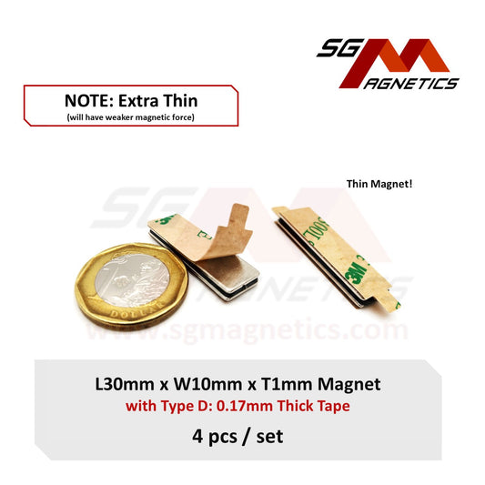 30x10x1mm N35 Type D Tape - Magnets with 3M Double Sided Adhesive Tape - 4pcs