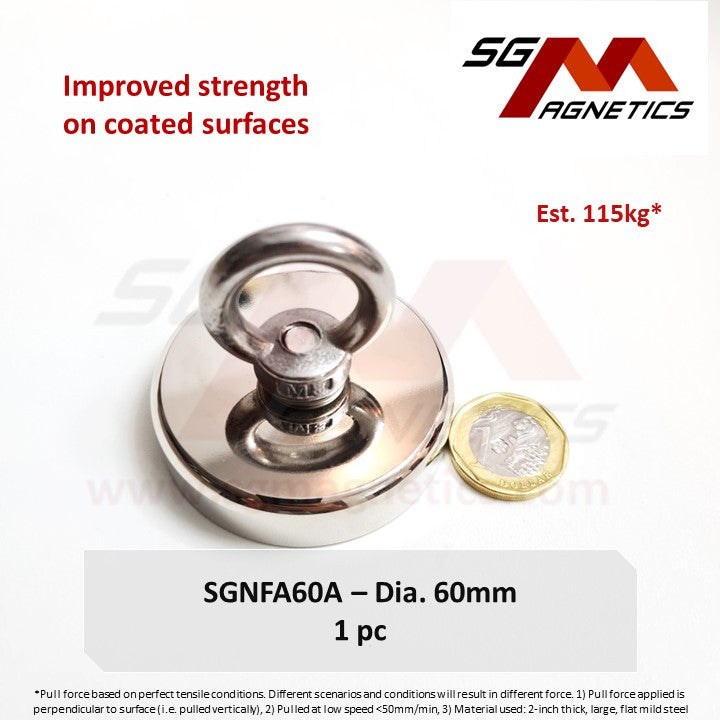 SGNFA60X - Dia. 60mm Countersunk Pot Fishing Magnet- A: 115kg , X: 138kg