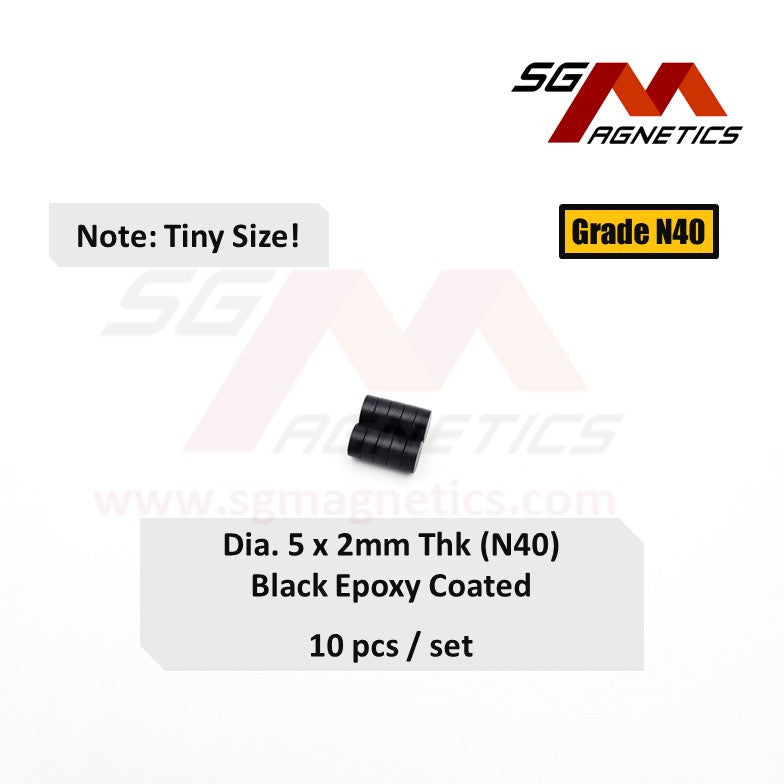 5x2mm N40 - Black Epoxy Neodymium Disc Magnets - 10pcs