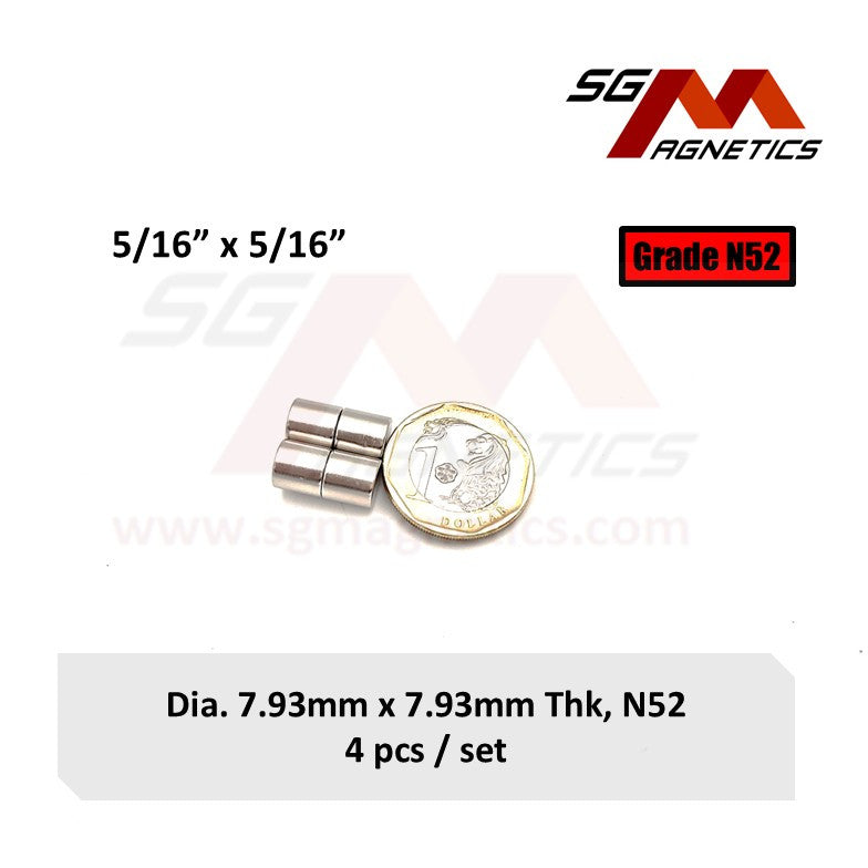 5/16" x 5/16", 7.93x7.93mm N52 - Neodymium Disc Magnets - 4pcs
