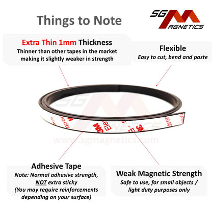Extra Thin T1mm W 1" Flexible Magnetic Strip Roll, Ver. S2 with 3M adhesive tape