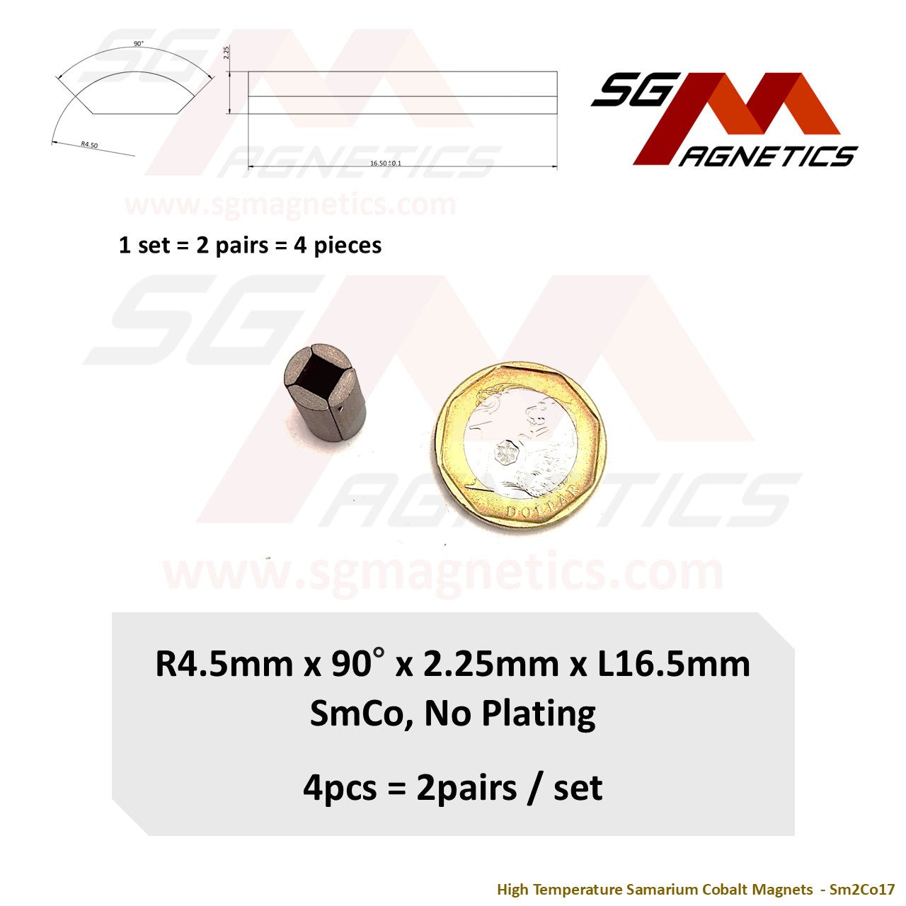 R4.5x90degx2.25xL16.5mm - Samarium Cobalt SmCo Magnets - 4pcs