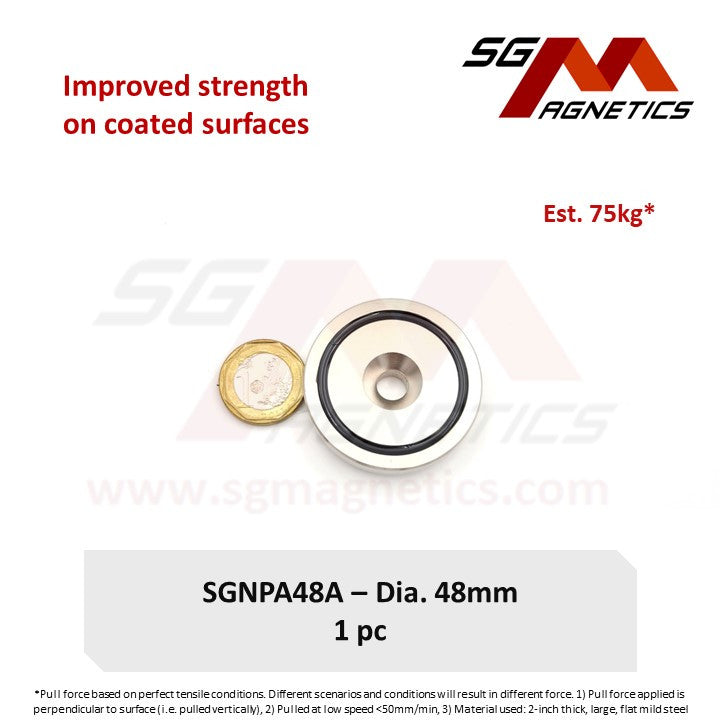 Improved 48mm Countersunk Pot Magnet  - SGNPA48X - A: 75kg , X:90kg