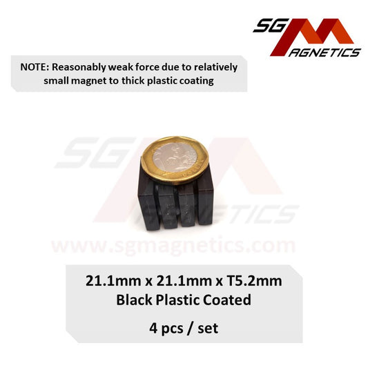 21.05x21.05x5.18mm - Black Plastic Coated Waterproof Magnets - 4pcs