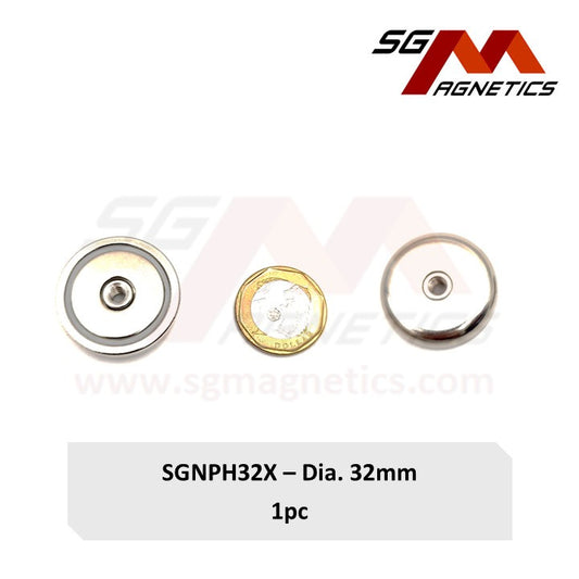 Improved 32mm Internal Threaded Pot Magnet - SGNPH32X - H: 27kg , X: 27kg