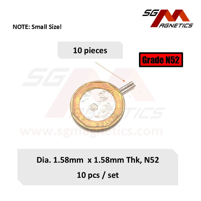 1.58x1.58mm N52 - Neodymium Disc Magnets - 10pcs