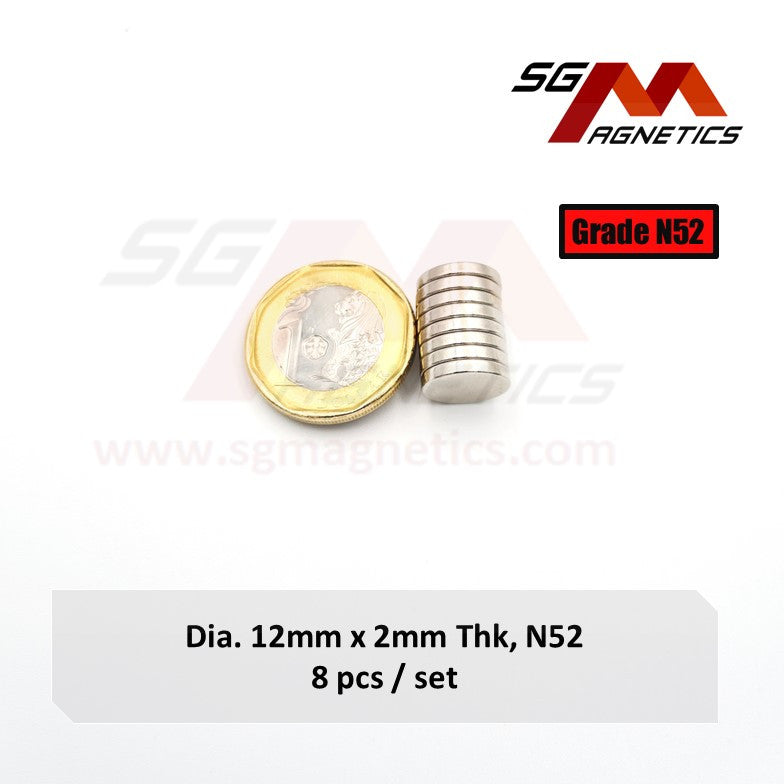 12x2mm N52 - Neodymium Disc Magnets - 8pcs