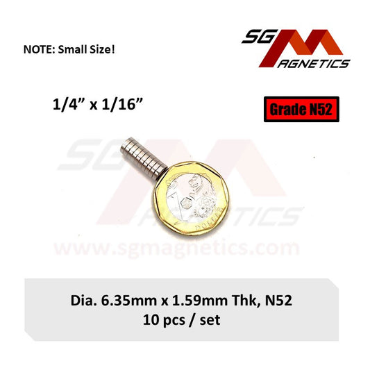 1/4" x 1/16", 6.35x1.59mm N52 - Neodymium Disc Magnets - 10pcs
