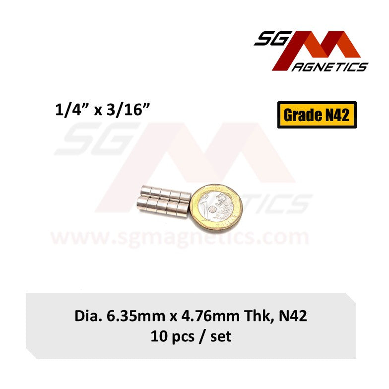 1/4" x 3/16", 6.35x4.76mm N42 - Neodymium Disc Magnets - 10pcs