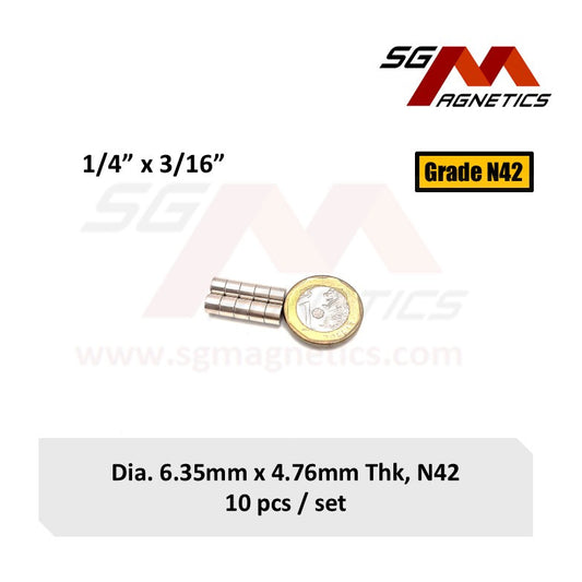 1/4" x 3/16", 6.35x4.76mm N42 - Neodymium Disc Magnets - 10pcs