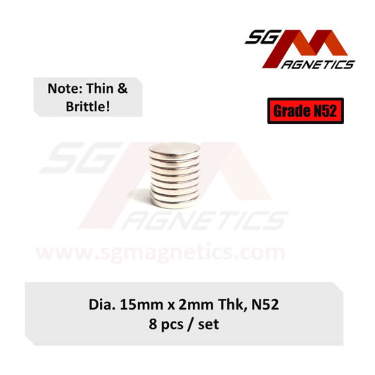 15x2mm N52 - Neodymium Disc Magnets - 8pcs