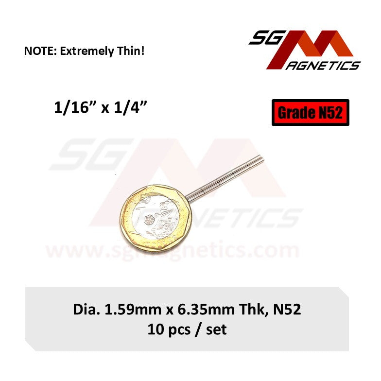 1/16" x 1/4", 1.59x6.35mm N52 - Neodymium Disc Magnets - 10pcs