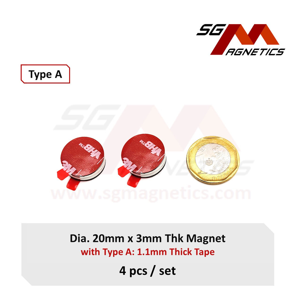 20x3mm N35 Type A Tape - Magnets with 3M 5952 Double Sided Adhesive Tape - 4pcs