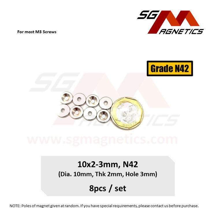 10x2-3mm N42 - Countersunk Hole Neodymium Disc Magnets - 8pcs