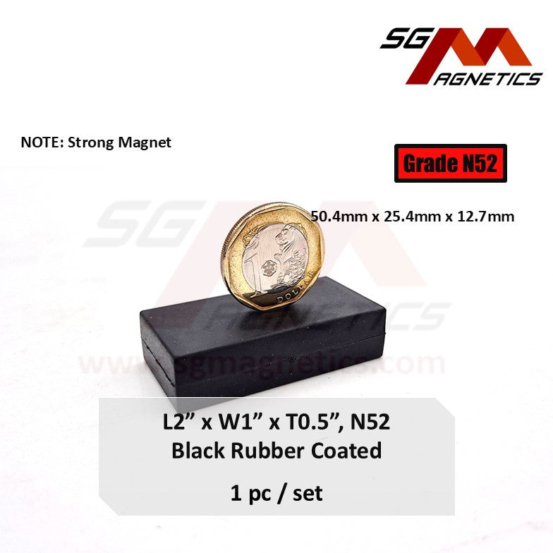 2x1x0.5" N52 - Black Rubber Coated Waterproof Magnets - 1pc