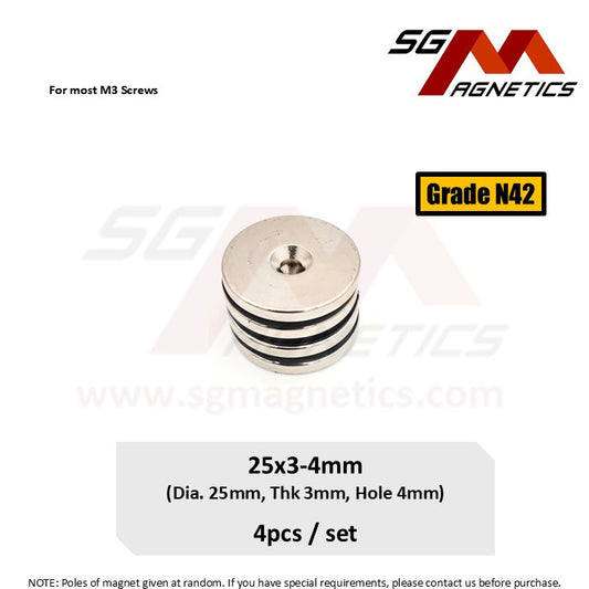 25x3-4mm N42 - Countersunk Hole Neodymium Disc Magnets - 4pcs