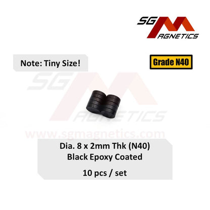 8x2mm N40 - Black Epoxy Neodymium Disc Magnets - 10pcs