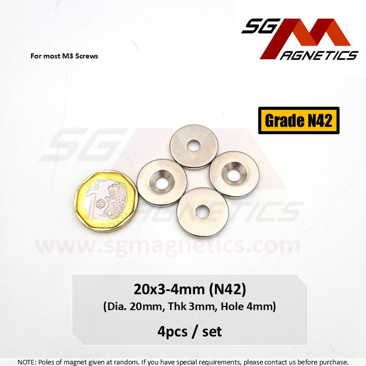 20x3-4mm N42 - Countersunk Hole Neodymium Disc Magnets - 4pcs