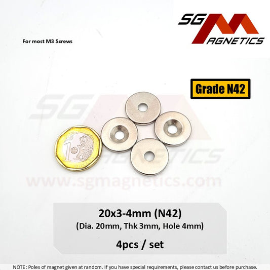 20x3-4mm N42 - Countersunk Hole Neodymium Disc Magnets - 4pcs