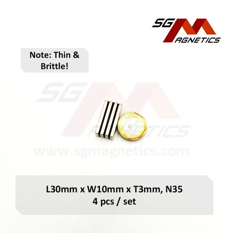 30x10x3mm N35 - Neodymium Block Magnets - 4pcs