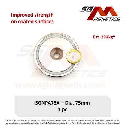 Improved 75mm Countersunk Pot Magnet - SGNPA75X - A: 163kg ,B:193kg X: 233kg