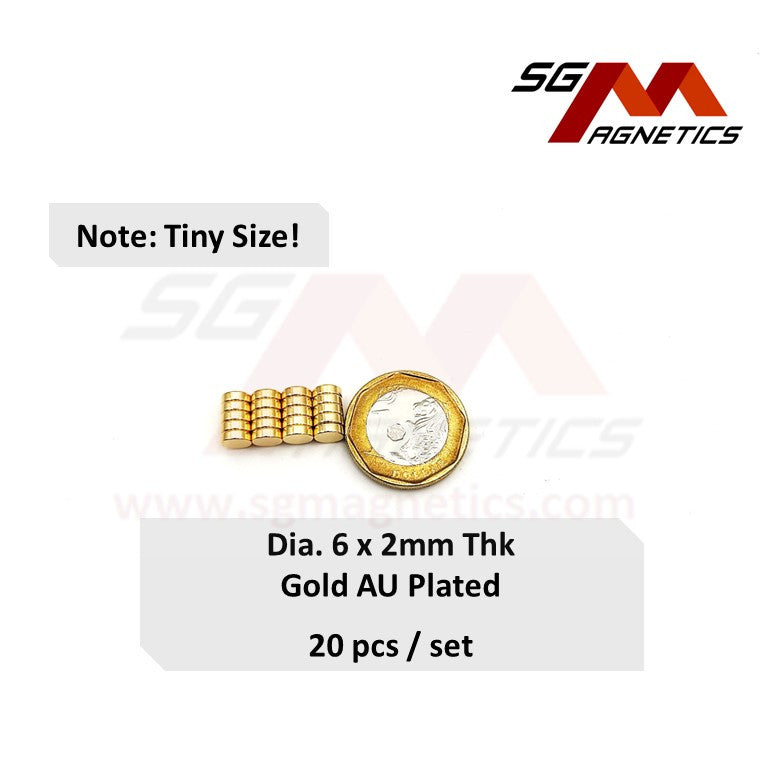 6x2mm N35 - AU Gold Plated Neodymium Disc Magnets - 20pcs
