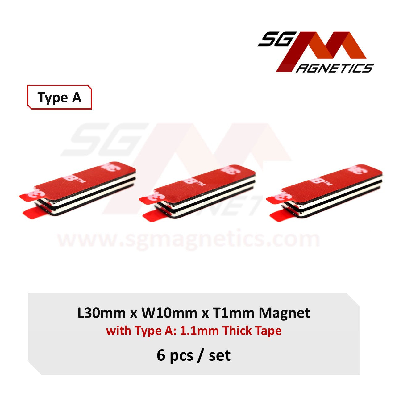 30x10x1mm N35 Type A Tape - Magnets with 3M Double Sided Adhesive Tape - 6pcs