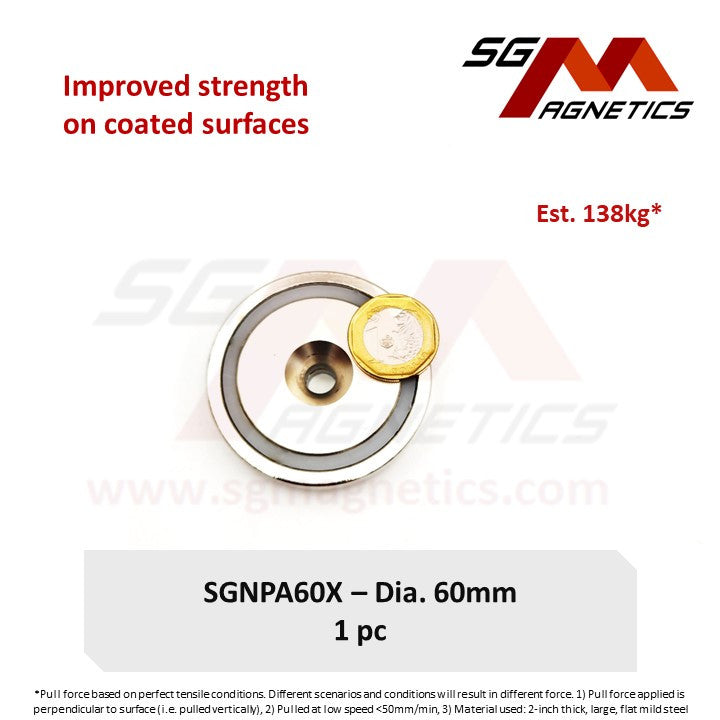 Improved 60mm Countersunk Pot Magnet  - SGNPA60X - A: 115kg , X : 138kg