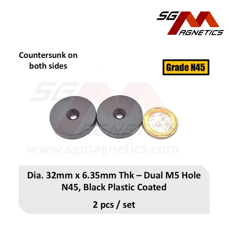 32x6.35-5mm N45 - Countersunk Hole BlackPlastic Coated Waterproof Magnets - 2pcs