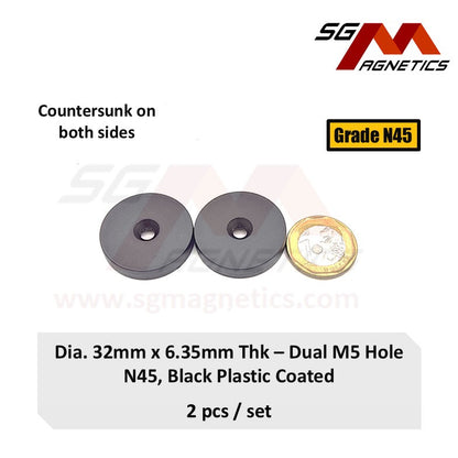 32x6.35-5mm N45 - Countersunk Hole BlackPlastic Coated Waterproof Magnets - 2pcs