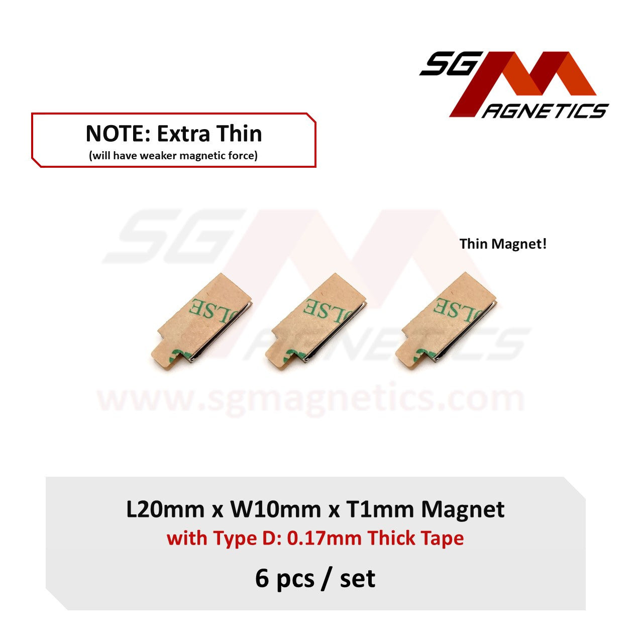 20x10x1mm N35 Type D Tape - Magnets with 3M Double Sided Adhesive Tape - 6pcs