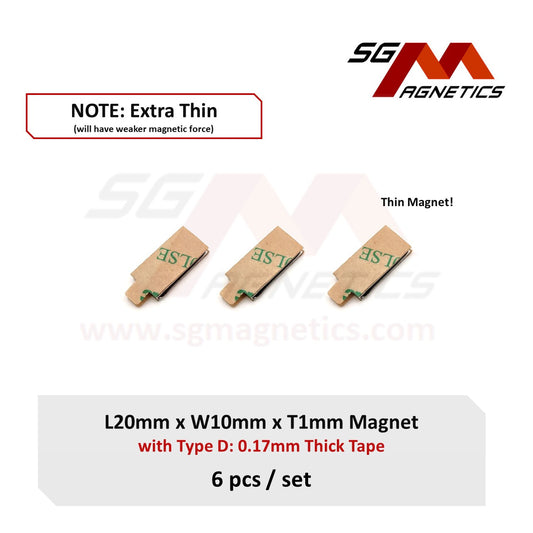 20x10x1mm N35 Type D Tape - Magnets with 3M Double Sided Adhesive Tape - 6pcs