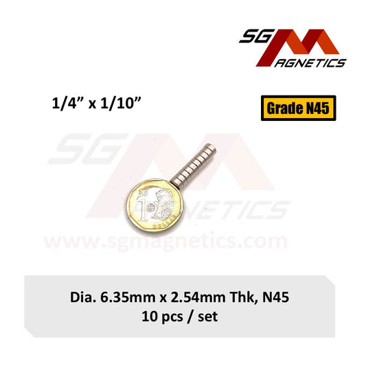 1/4" x 1/10", 6.35x2.54mm N45 - Neodymium Disc Magnets - 10pcs