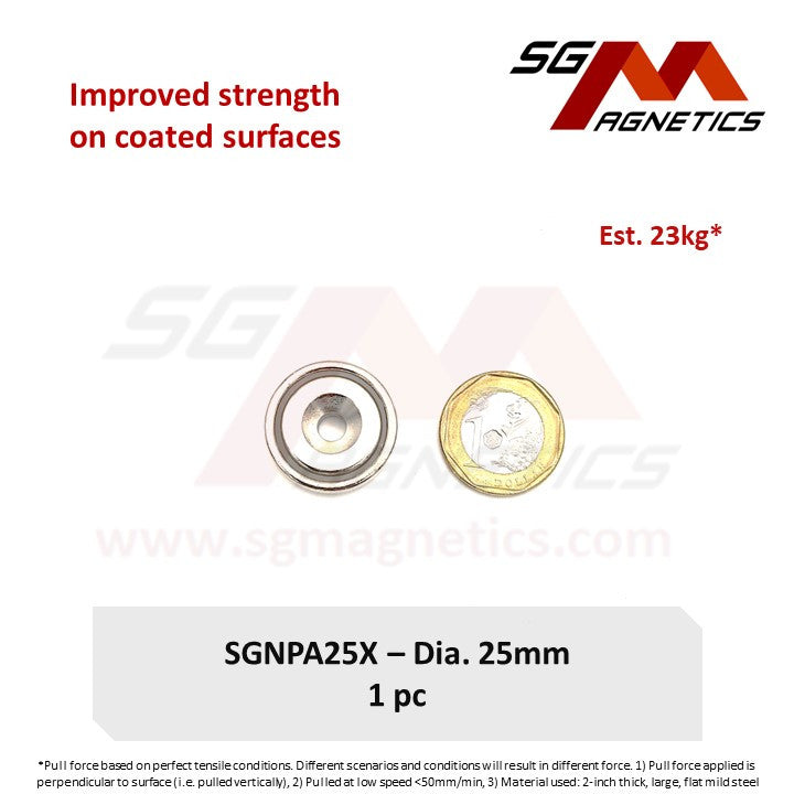 Improved 25mm Countersunk Pot Magnet - SGNPA25X - A: 19kg , X: 23kg