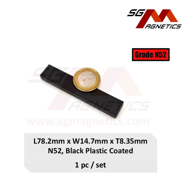 78.2x14.7x8.35mm N52 - Black Plastic Coated Waterproof Block Magnets -1pc