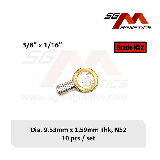 3/8" x 1/16", 9.53x1.59mm N52 - Neodymium Disc Magnets - 10pcs
