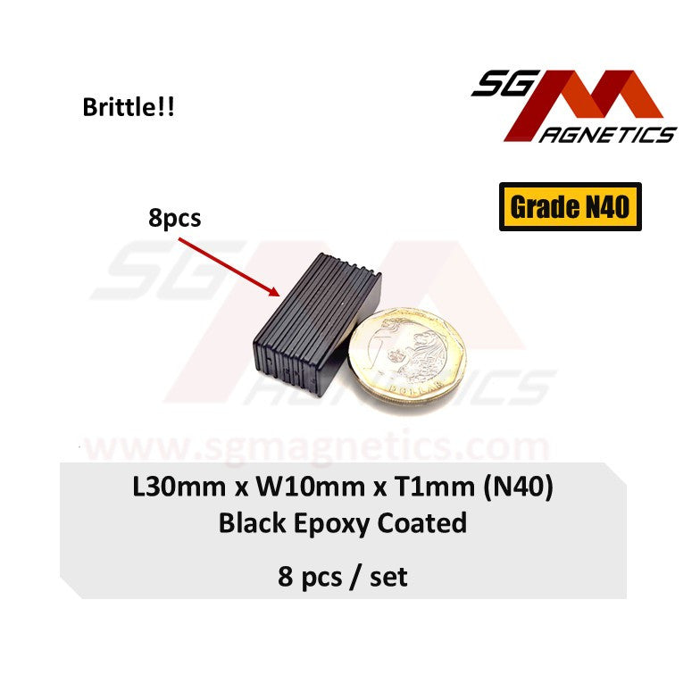 30x10x1mm N40 - Black Epoxy Neodymium Block Magnets - 8pcs