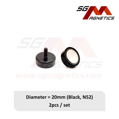 20mm Black External Threaded Stud Pot SGNPC20 - Neodymium Magnet - 2pcs