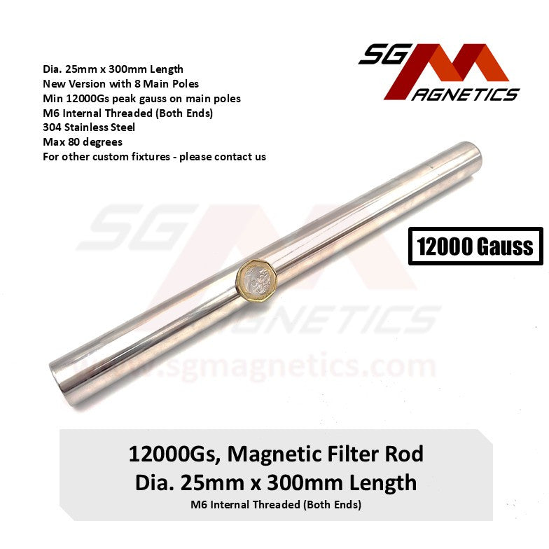 300mm Magnetic Filter Rod 12000GS Gauss - OD25mm 1" x 12" Stainless Steel Magnet