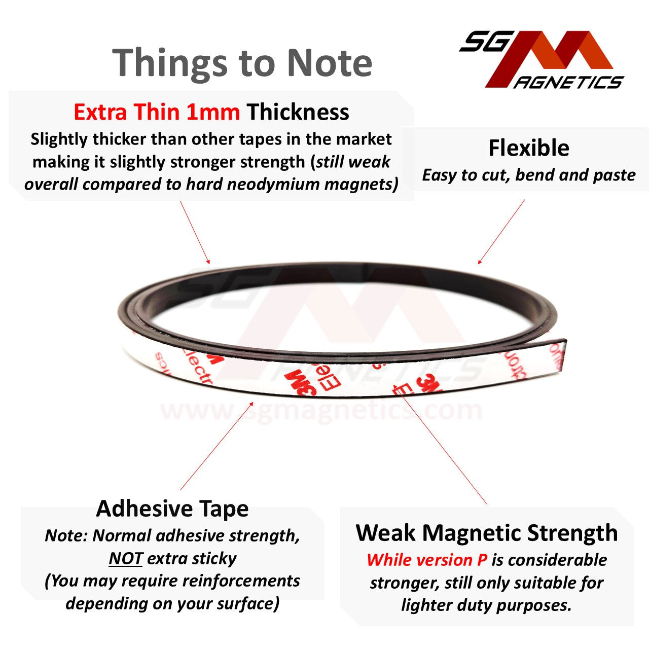 Extra Thin T1mm W20mm Flexible Magnetic Strip Roll, Ver. P with 3M adhesive