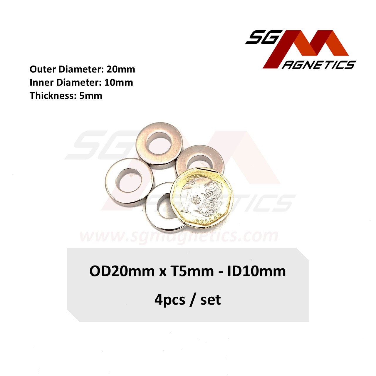 20x5-10mm N35 - Neodymium Ring Magnets - 4pcs