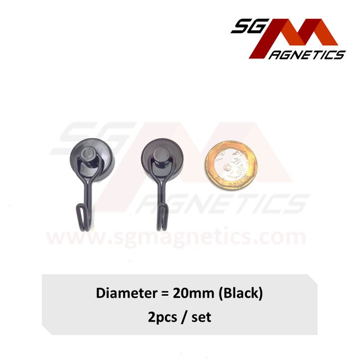 20mm Black 360° Swivel Hook Pot SGNPG20 - Neodymium Magnet - 2pcs